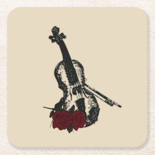 Violin and Roses Square Paper Coaster