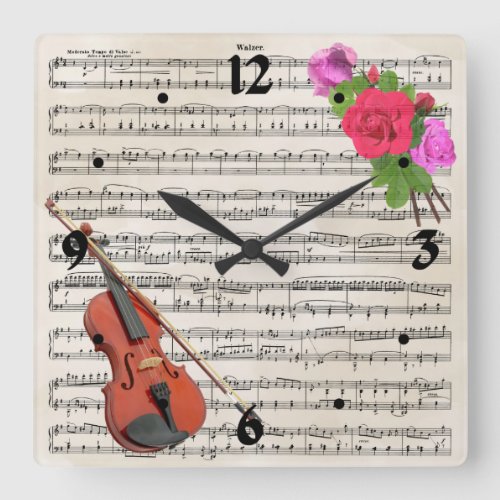 Violin and Roses Vintage Sheet Music Design Square Wall Clock