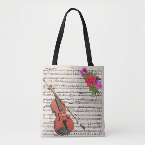 Violin and Roses Vintage Sheet Music Design Tote Bag