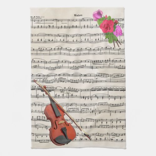Violin and Roses Vintage Sheet Music Design Towel