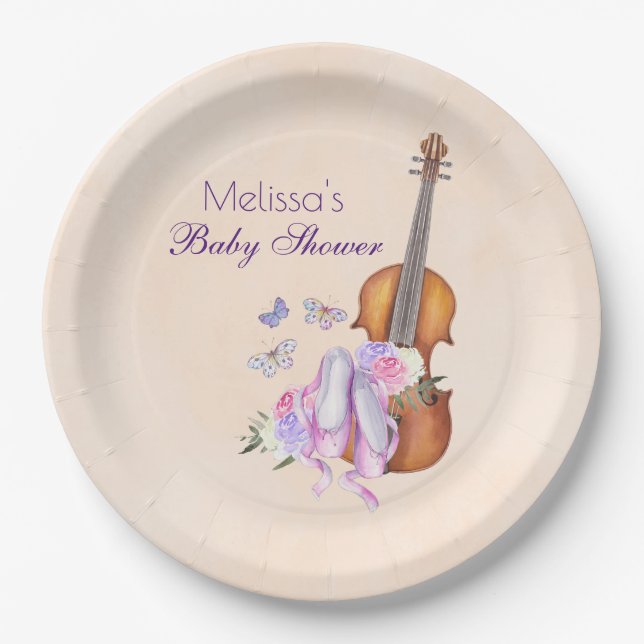 Violin, Ballet Shoes and Butterflies Baby Shower Paper Plates (Front)