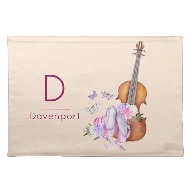 Violin, Ballet Shoes and Butterflies Monogram Cloth Placemat (Front)