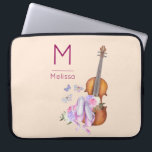 Violin, Ballet Shoes and Butterflies Monogram Laptop Sleeve<br><div class="desc">A laptop sleeve with a soft feminine design. Illustrated with a watercolor image of a wooden violin,  some pink ballet slippers resting against it and decorated with flowers and butterflies.  Set on a peach pink colored background.  Personalize with a monogram initial and name.</div>