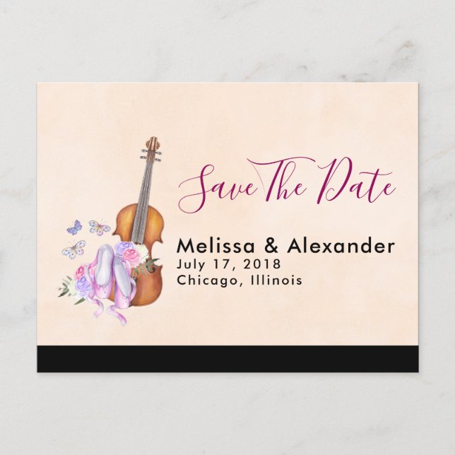 Violin, Ballet Shoes and Butterflies Save The Date Announcement Postcard (Front)