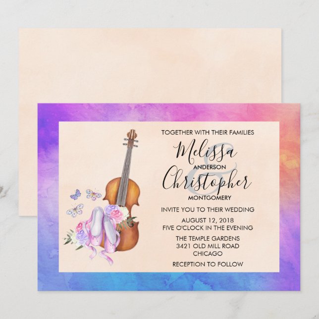Violin, Ballet Shoes, and Butterflies Wedding Invitation (Front/Back)