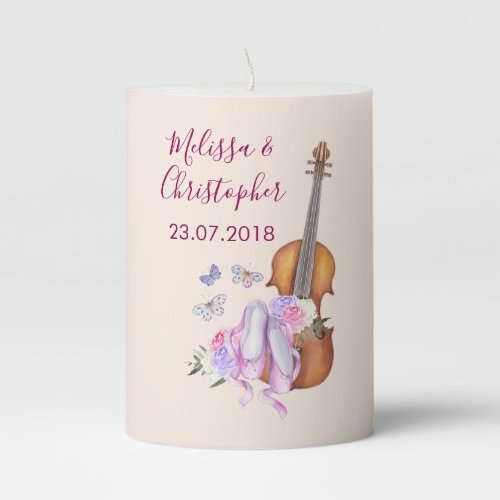 Violin Ballet Shoes and Butterflies Wedding Pillar Candle