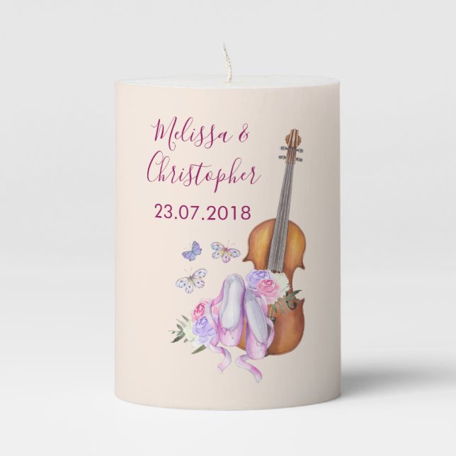 Violin, Ballet Shoes and Butterflies Wedding Pillar Candle (Front)