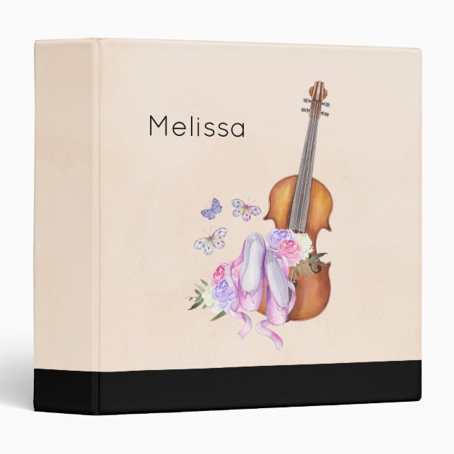 Violin, Ballet Shoes, Flowers and Butterflies 3 Ring Binder (Front/Spine)