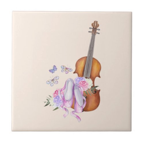 Violin Ballet Shoes Flowers and Butterflies Ceramic Tile