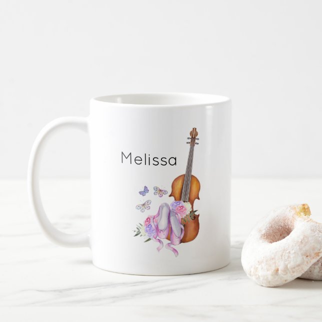 Violin, Ballet Shoes, Flowers and Butterflies Coffee Mug (With Donut)