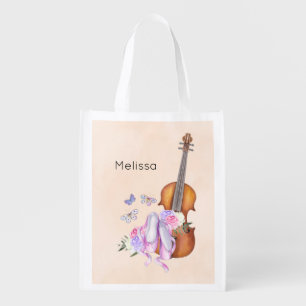 Violin, Ballet Shoes, Flowers and Butterflies Grocery Bag