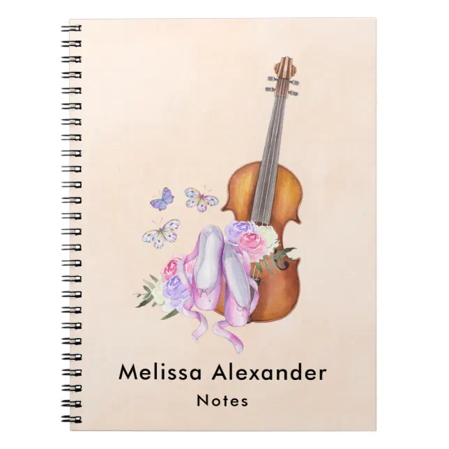 Violin, Ballet Shoes, Flowers and Butterflies Notebook Zazzle
