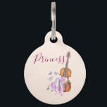Violin, Ballet Shoes, Flowers and Butterflies Pet ID Tag<br><div class="desc">A pet tag with name and phone number with a soft feminine design. Illustrated with a watercolor image of a wooden violin,  some pink ballet slippers resting against it and decorated with flowers and butterflies.  Set on a peach pink colored background.</div>