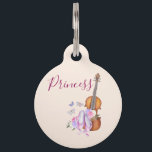 Violin, Ballet Shoes, Flowers and Butterflies Pet ID Tag<br><div class="desc">A pet tag with name and phone number with a soft feminine design. Illustrated with a watercolor image of a wooden violin,  some pink ballet slippers resting against it and decorated with flowers and butterflies.  Set on a peach pink colored background.</div>
