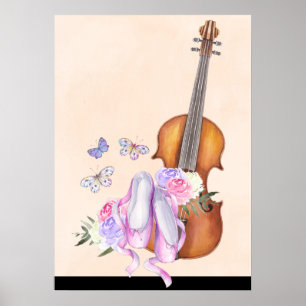 Violin, Ballet Shoes, Flowers and Butterflies Poster