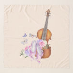 Violin, Ballet Shoes, Flowers and Butterflies Scarf<br><div class="desc">A square chiffon scarf with a soft feminine design. Illustrated with a watercolor image of a wooden violin,  some pink ballet slippers resting against it and decorated with flowers and butterflies.  Set on a peach pink colored background.</div>
