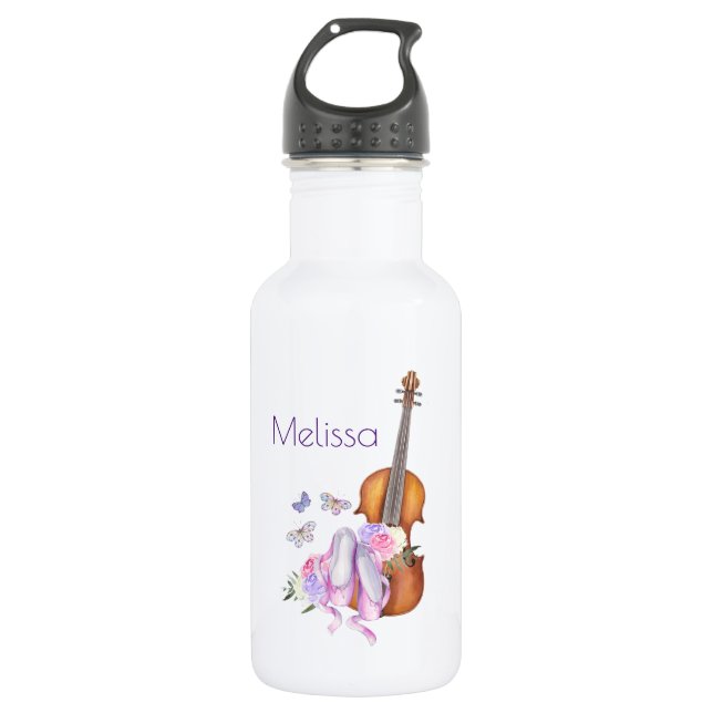 Violin, Ballet Shoes, Flowers and Butterflies Stainless Steel Water Bottle (Front)