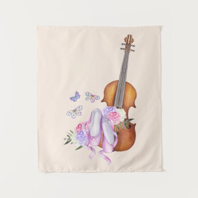 Violin, Ballet Shoes, Flowers and Butterflies Tapestry (Front)