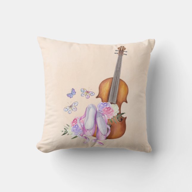Violin, Ballet Shoes, Flowers and Butterflies Throw Pillow (Front)