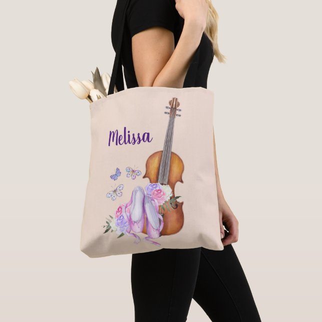 Violin, Ballet Shoes, Flowers and Butterflies Tote Bag (Close Up)