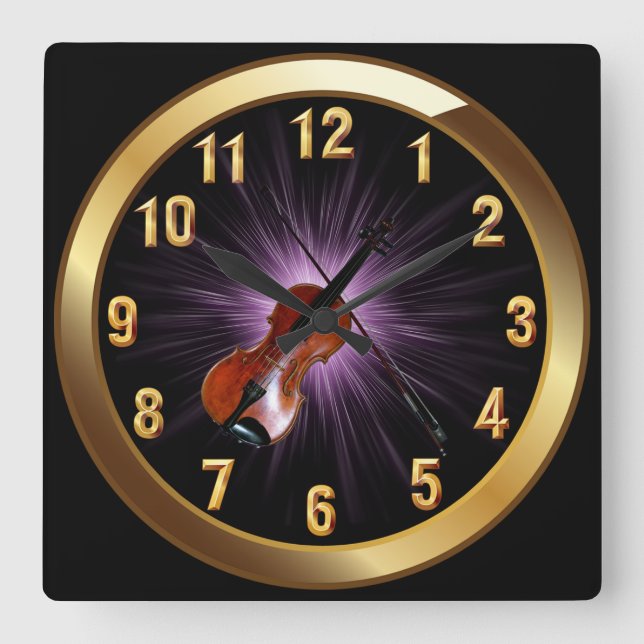 Violin~Classy Black Gold & Purple Glow Background~ Square Wall Clock (Front)