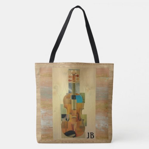 Violin Composition Wood Grain Effect with Initials Tote Bag