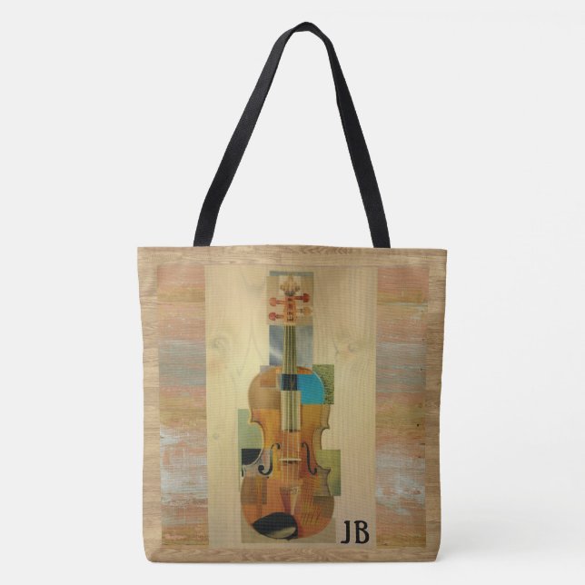 Violin Composition Wood Grain Effect with Initials Tote Bag (Front)