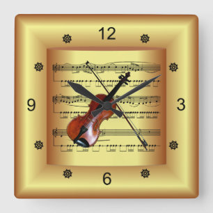 Violin ~ Curved Sheet Music ~ Gold Background ~ Square Wall Clock