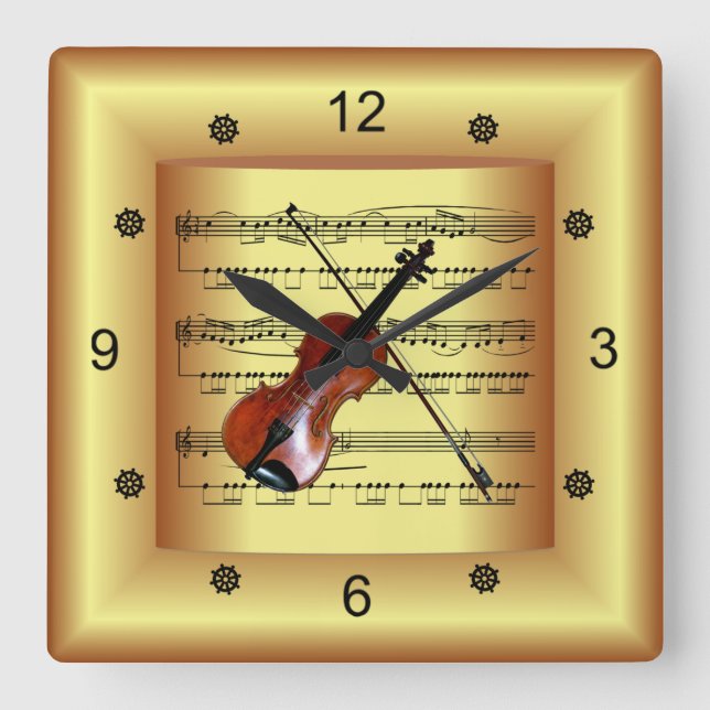 Violin ~ Curved Sheet Music ~ Gold Background ~  Square Wall Clock (Front)