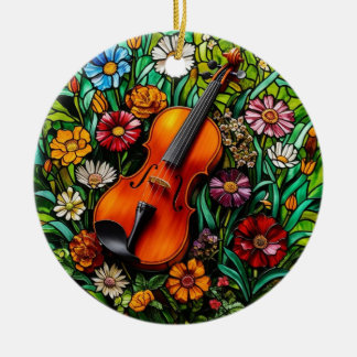 Violin Floral Ceramic Ornament