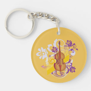 Violin Floral Swirl Gold Round 2-Sided Keychain