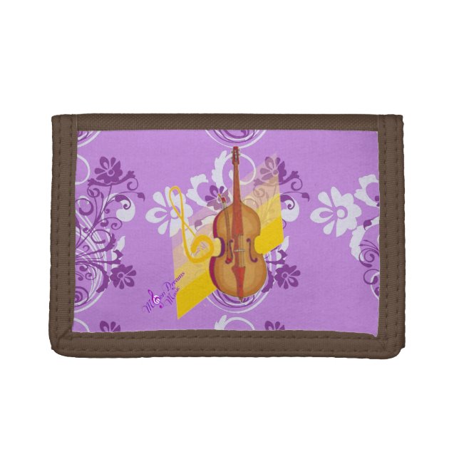 Violin Floral Swirl Purple & Brown Trifold Wallet (Front)