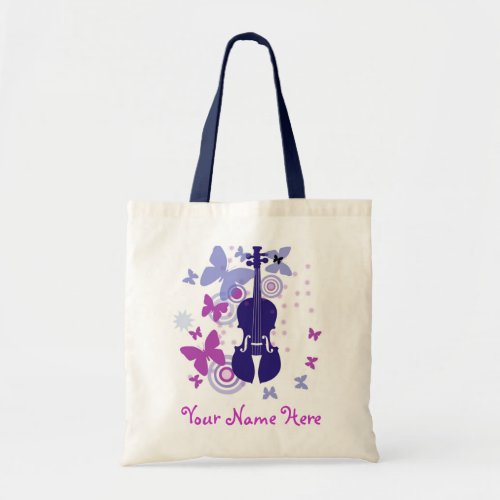 Personalized Name Violin Flutter Purple Butterflies Tote Bag