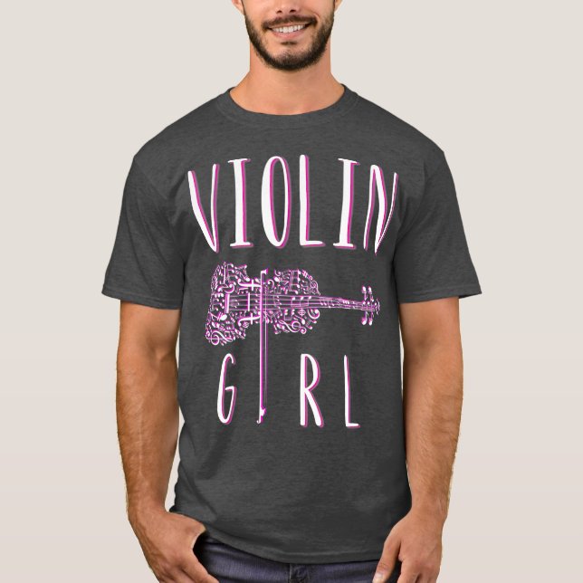Violin Girl Pink White Bow Music Instrument T-Shirt (Front)