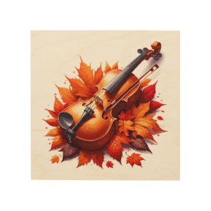 Violin in the bed of leaves wood wall art