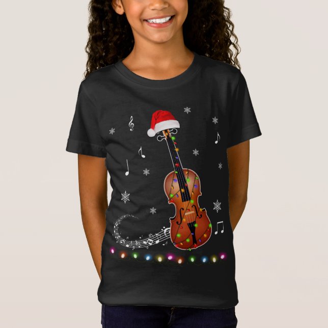 Violin Instrument Santa Hat Christmas Lights Xmas  T-Shirt (Front)