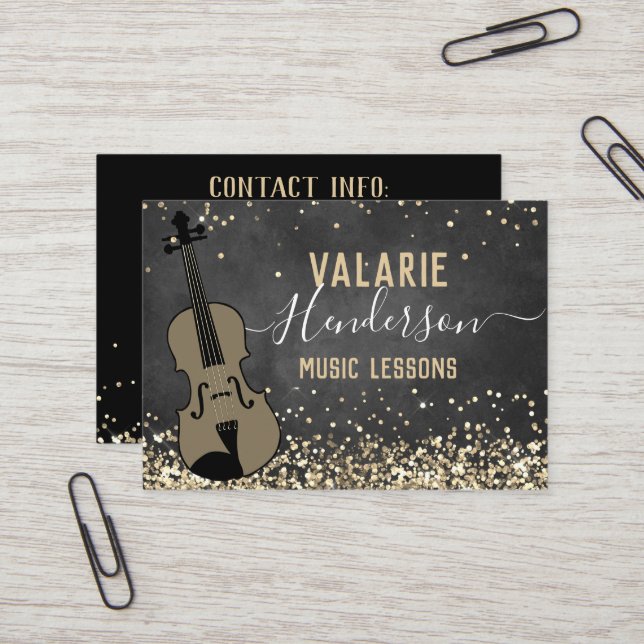 Violin Lessons Gold Glitter Business Card (Front/Back In Situ)