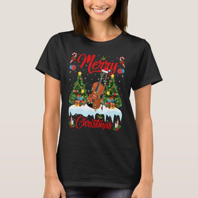 Violin   Lights Xmas Tree Santa Violin Christmas T-Shirt (Front)