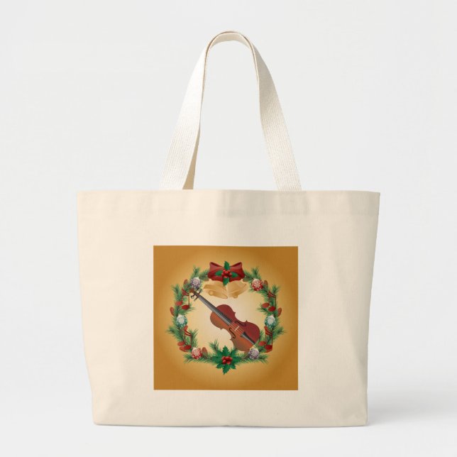 Violin Music Christmas Wreath Musician Gift Large Tote Bag (Front)