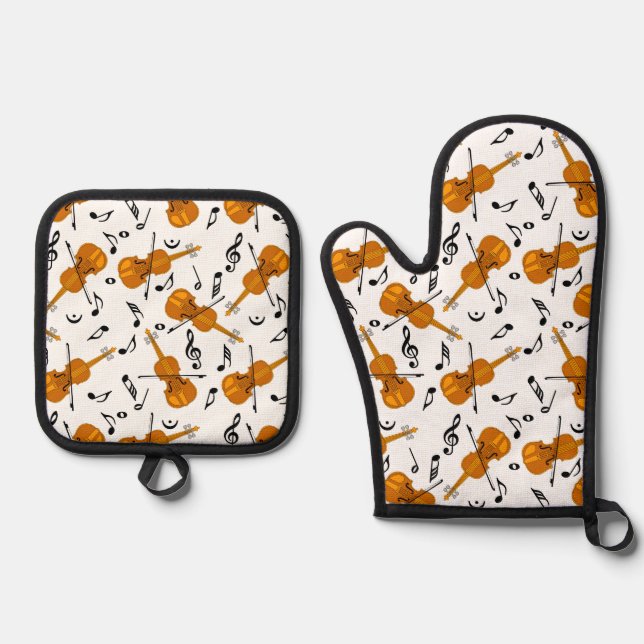 Violin Music Notes Oven Mitt & Pot Holder Set (Front)