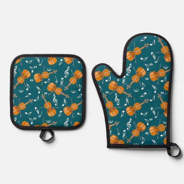 Violin Music Notes Oven Mitt & Pot Holder Set (Front)