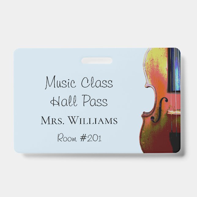 Violin Music Orchestra Class Blue Hall Pass Badge (Front)