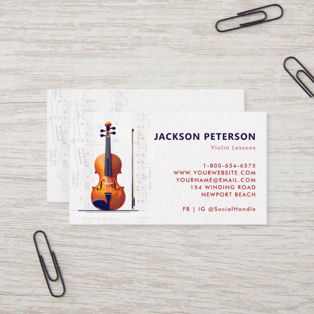 Violin Musical Notes Staff Musician Professional Business Card (Front/Back In Situ)