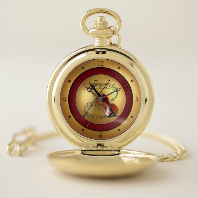 Violin~Musical Scroll~Gold/Maroon/Black Background Pocket Watch (Inside)