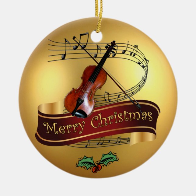 Violin ~ Musical Scroll ~ Gold ~ Merry Christmas ~ Ceramic Ornament (Front)