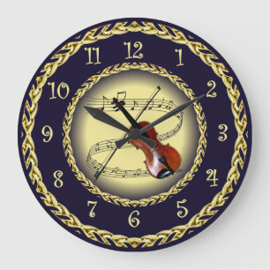 Violin ~ Musical Scroll ~ Gold/Navy Blue ~ ~ Large Clock
