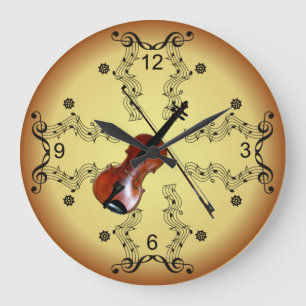 Violin ~ Musical Scroll ~ Golden Background ~ Large Clock