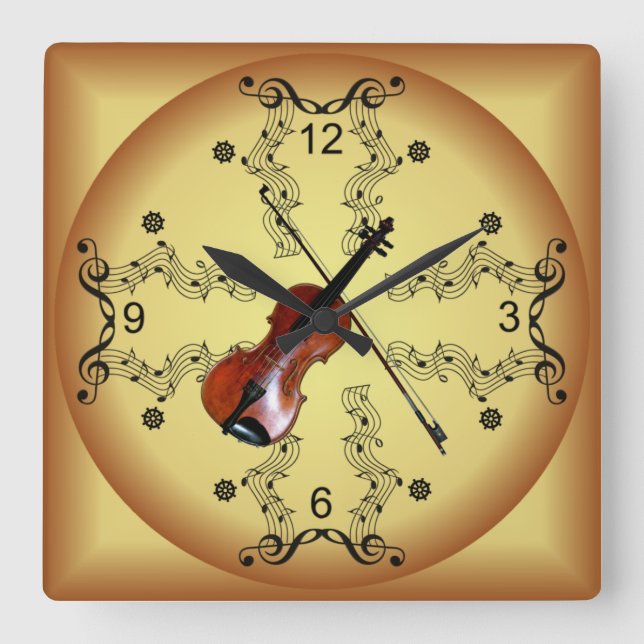 Violin ~ Musical Scroll ~ Golden Background ~ Square Wall Clock (Front)