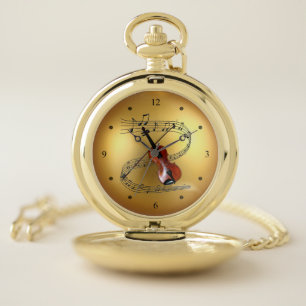 Violin ~ Musical Scroll ~Golden Globe Background~ Pocket Watch