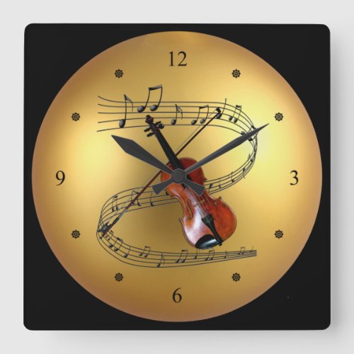 Violin Musical Scroll  Golden Globe Background  Square Wall Clock